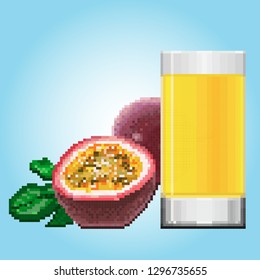 A glass of passion fruit juice, half fruit and a whole next to it. Pixel art on a light blue gradient background.