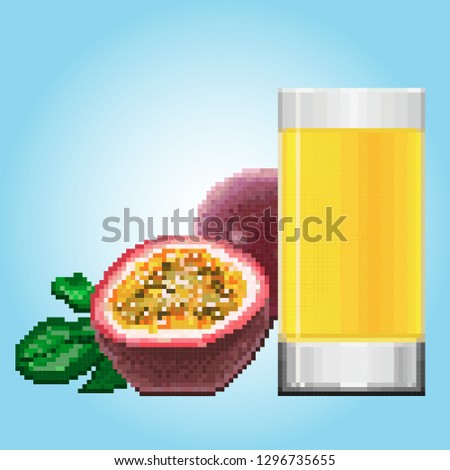 A glass of passion fruit juice, half fruit and a whole next to it. Pixel art on a light blue gradient background.