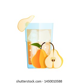 Glass With Pear Juice, Pieces of Ice, Fruit Slices. Drink Duchess pear. Funny Bubbles, Summer Holidays. Isolated on a white background