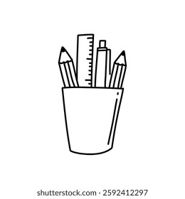 Glass of pen, pencil, ruler. School supplies doodle line art in vector