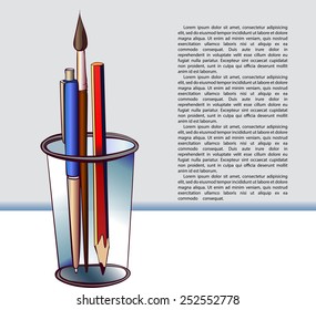 Glass with pencil, paintbrush and pen. Vector sketch with fee place for your text