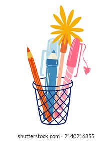 Glass with pens and pencils. Back to school. Desktop organizer for student or office worker. Stationery for writing, study and work. Colorful vector illustration in a flat style.