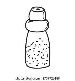 Glass pepper shaker with a mill in a doodle style. Kitchen utensils, inventory. Element for the design of magazines, packaging, menus, recipes. Hand drawn and isolated on white. Black and white vector