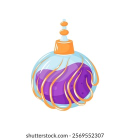 Glass perfume bottle with vibrant purple liquid in cartoon style. Perfect for perfume, fragrance, beauty and design concept. Vector illustration isolated on a white background.