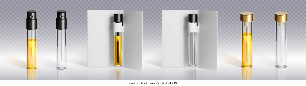 Glass perfume sample collection - transparent vials with black and gold spray caps, packaging mockups with white cards, testers filled with yellow fragrance, empty bottles for cosmetic presentation.