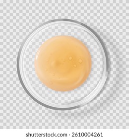 Glass Petri dish with Centella serum orange drop isolated realistic vector illustration. Concept laboratory tests and research