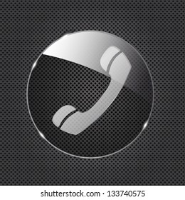 Glass phone button icon on metal background. Vector illustration