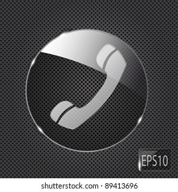 Glass phone button icon on metal background. Vector illustration