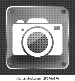 Glass photo camera icon on a metallic background