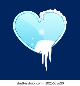 A glass piece of ice in a heart form with snow on a blue background. Vector illustration