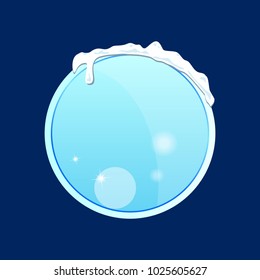 Glass piece of ice in a round form with snow on a blue background. Vector illustration