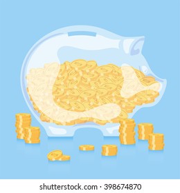 Glass Piggy bank with money coins. Business creative concept vector illustration. Business elements.