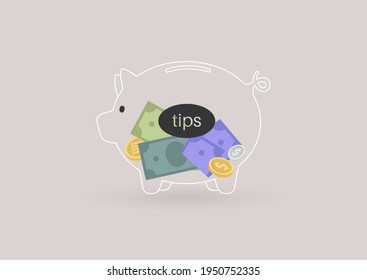 A glass piggy bank with paper money and coins inside, transparent banking service, a tip box