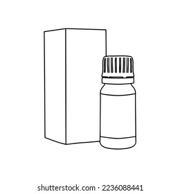 Frasco de píldora de vidrio con tapa de plástico y caja de papel. Ilustración médica, realista, vectorial.