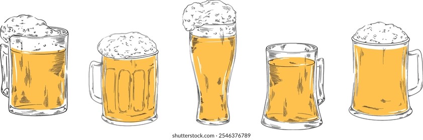 Ilustración vectorial de colección de vidrio pilsner para su compañía o marca de Anuncio conjunto de bebidas refrescantes con espuma, Octoberfest, diseño de menú de bar bebidas alcohólicas