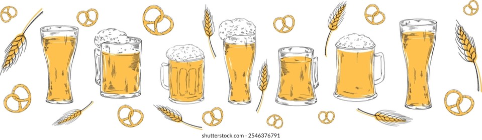 Almofada de vidro conjunto de cerveja coleção vetor ilustração para sua empresa ou marca conjunto de banner refrescante bebida fresca com espuma, Octoberfest, pub bar menu design com snacks bretzel, espigas de trigo, milho