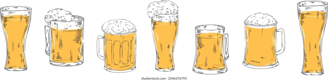 Ilustración vectorial de colección de vidrio pilsner para su compañía o marca de Anuncio conjunto de bebidas refrescantes con espuma, Octoberfest, diseño de menú de bar bebidas alcohólicas