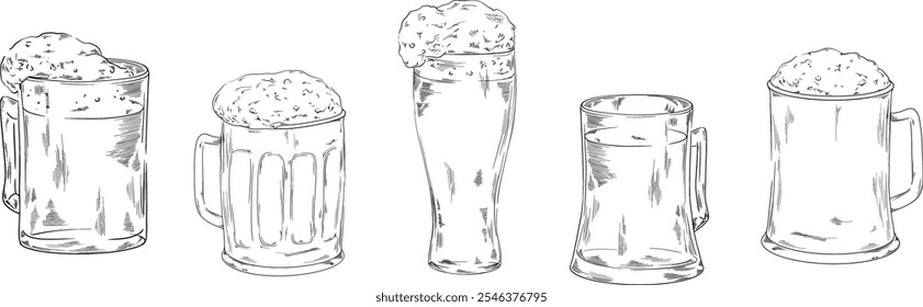 Ilustración vectorial de colección de vidrio pilsner para su compañía o marca de Anuncio conjunto de bebidas refrescantes con espuma, Octoberfest, diseño de menú de bar bebidas alcohólicas