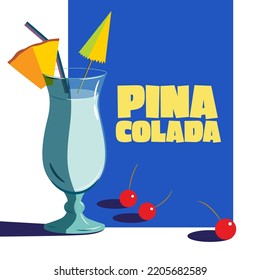 Glass of Pina Colada cocktail with cherries flat vector illustration