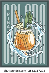 Glass of pina colada cocktail splashing with decorative pineapple slice, leaves, and straw, creating a refreshing summer vibe, set against a stylized backdrop with the drink's name