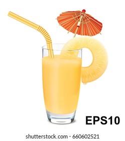 Glass of pineapple juice and fresh pineapple, umbrella, tube. Vector illustration
