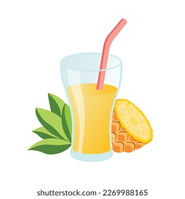Glass of pineapple juice with straw. Half a pineapple with leaves. Vector illustration cartoon flat icon isolated on white background.