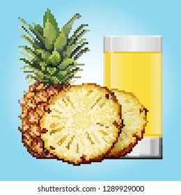 A glass of pineapple juice with a whole pineapple next to it and two slices in front of it. Light blue gradient background. Pixel art.