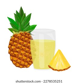 Glass of pineapple juice. Whole and slice pineapple, ananas juice in mug. Ananasas sap. Fresh tropical fruit beverage. Sweet pineapple lemonade or smoothie.Healthy refreshing drink.Vector illustration