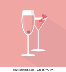 a glass of pink champagne with cherries and a glass of pink martini with hearts on a pink background , simplified vector illustration in flat and vintage style