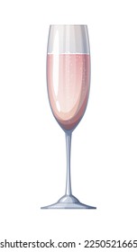 A glass of pink champagne for valentine's day on a white background. Holiday, romance. Sparkling wine in a glass. Vector illustration