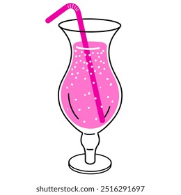 Glass of pink cocktail with straw isolated on white background. Linear summer drink for menu, bar. Ice alcoholic drink