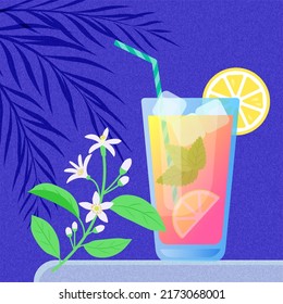 Glass of pink lemonade with the branch of lemon tree. Vector colorful illustration in flat style on the dark blue textured background.