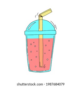 A glass of pink soda with berry flavor. Cooling drink. The juice. Vector. Doodle. Freehand illustration.