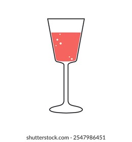 A glass of pink sparkling wine is drawn with a black outline isolated on a white background. Vector.