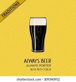 Glass Pint Of Dark Beer Porter Over Yellow Striped Background For Pubs And Bars. Vector Illustration Poster, Isolated