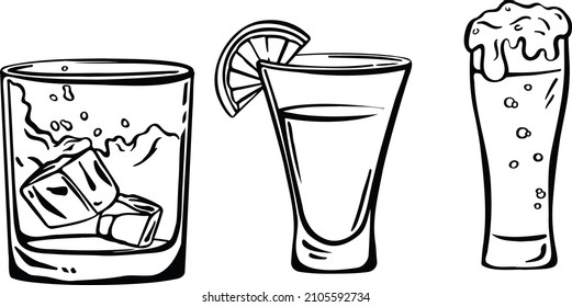 Glass of pint of foamy beer, freehand drawing vector