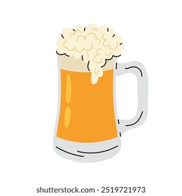 A glass pint of light frothy beer. Oktoberfest. Cold beer icon in flat style on white background.