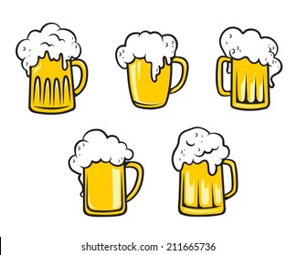 Glass pint tankards of frothy beer isolated on white background. Suitable for beverage, oktoberfest and restaurant logo design 