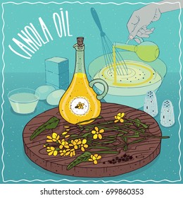 Glass Pitcher Of Canola Oil And Flowers And Seeds Of Canola Plant. Hand Pouring Oil Into Bowl. Natural Vegetable Oil Used For Cooking. Vector Illustration