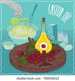 Glass Pitcher of Castor oil and seeds of Castorbean or Ricinus communis plant. Hand pouring oil into bowl. Natural vegetable oil used for cooking. Vector illustration