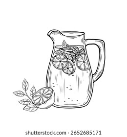 Arremessador de vidro com limonada cítrica. Desenhado à mão em estilo de arte de linha preto e branco. Perfeito para menus, embalagens, livros de colorir e projetos com temas de verão.