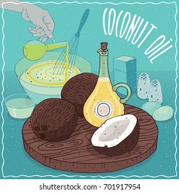 Glass Pitcher of Coconut oil and Coconuts. Hand pouring oil into bowl. Natural vegetable oil used for cooking. Vector illustration