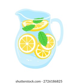 Jarra de vidrio de limón fresco y agua con menta
