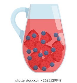 Glass pitcher full of refreshing strawberry and blueberry infused water with ice cubes for summer