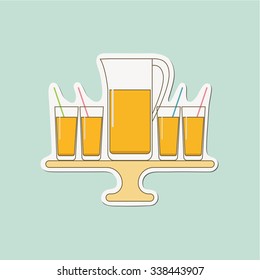 Glass pitcher and glasses of lemonade on a stand. Sticker.