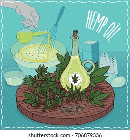 Glass Pitcher of Hemp seed oil and leaves and seeds of Cannabis sativa plant. Hand pouring oil into bowl. Natural vegetable oil used for cooking. Vector illustration