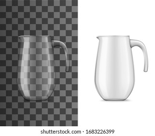 Glasscherben oder Krug für kalte Getränke realistisches 3D-Vektorillustration-Design. Wasser, Milch oder Saftgetränke leeren Behälter mit Griffen auf weißem und transparentem Hintergrund. Küchengeräte und Glaswaren