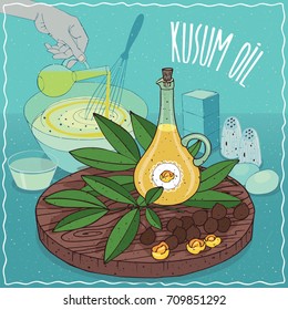 Glass Pitcher of Kusum oil and seeds of Schleichera oleosa plant. Hand pouring oil into bowl. Natural vegetable oil used for cooking. Vector illustration
