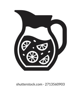 Glass pitcher lemonade fruit slices solid black vector icon isolated white background refreshing summer cold drink jug sangria beverage container symbol illustration