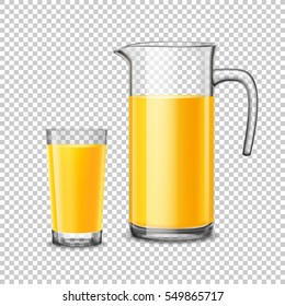 Glass and pitcher with orange juice design concept in realistic style on transparent  background vector illustration